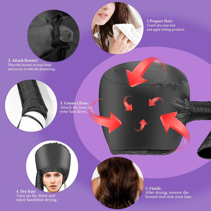 Hooded Hair Dryer Bonnet - Fast-Drying Bonnet Hair Dryer for Natural Hair, Deep Conditioning, Styling, & Curl Enhancing - Adjustable Fit, Heat Distribution, Portable & Lightweight for Travel（Black）