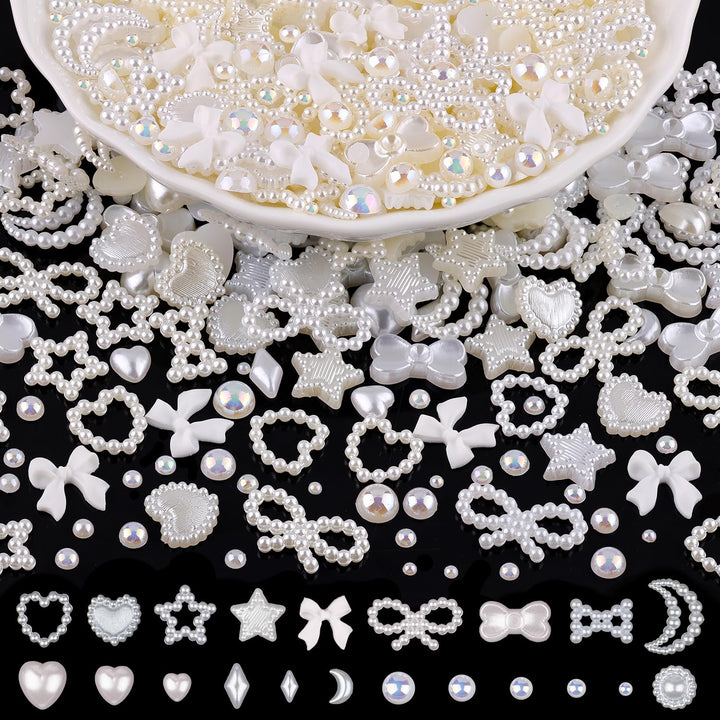 1200Pcs 3D Multi Shapes Nail Charms and Flatback Pearls, White&Pink Mix Styles Heart Star Bow Sunflower Embellishments for Nail Art, Craft and Decoration with Tweezer and Pickup Pencil