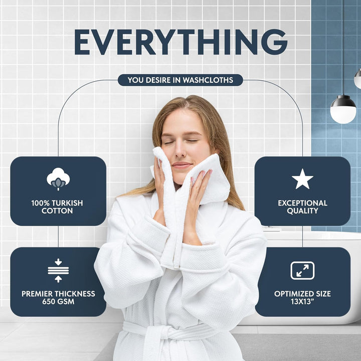 Luxury Cotton Washcloths 13X13 Inch - 650 GSM Turkish Cotton | Hotel, Spa, Bathroom Face Towel | 12 Pack