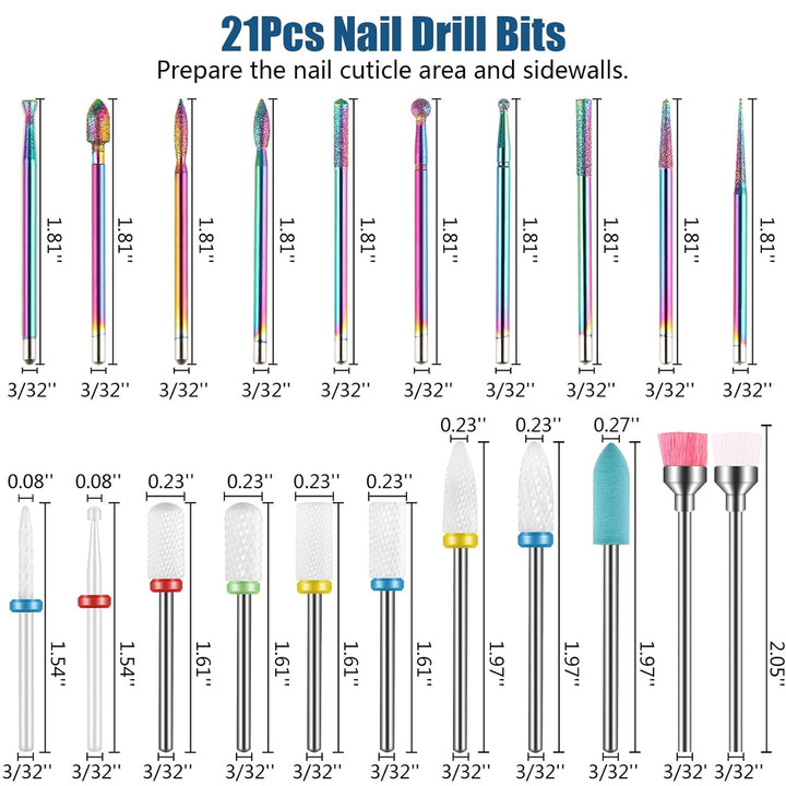21Pcs Nail Drill Bits Sets, 3/32 Inch Cuticle Electric Nail File and Ceramic Acrylic Gel Nail Bit Kit, Acrylic Nail Art Tools, Carbide Remover Bits for Manicure Pedicure, Home Salon