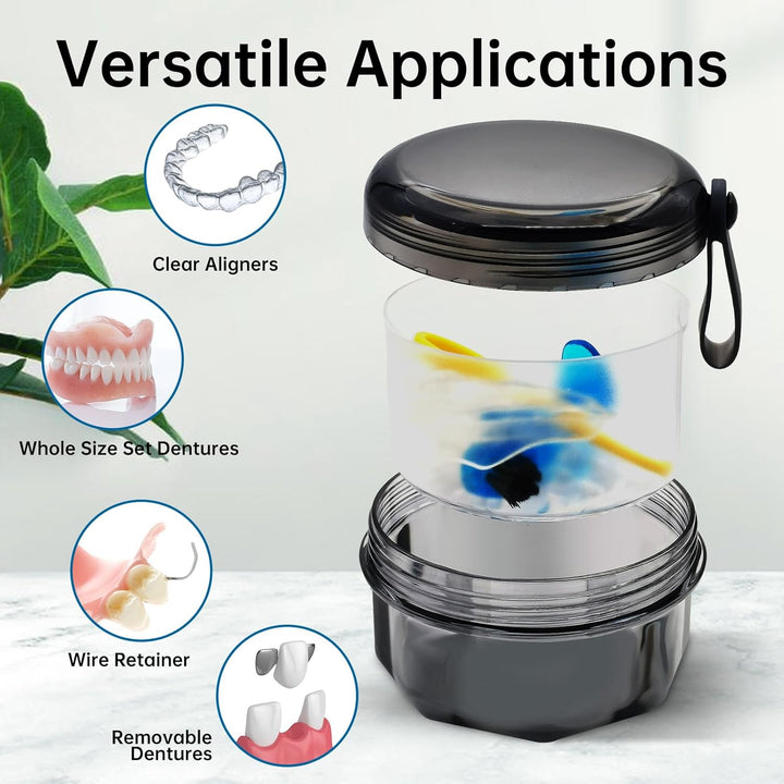 Leak Proof Denture Cups for Soaking Dentures, Partial Denture Bath Case Travel Retainer Cleaning Container Case with Brush for Aligner, Denture, Mouth Guard - Transparent Black