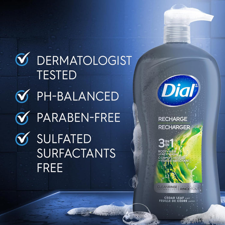 Men 3 in 1 Body, Hair and Face Wash, Recharge, 32 Fl Oz, Cedar Leaf Scent, Cleanses Deep + Gentle on Skin with Clean Rinse Technology