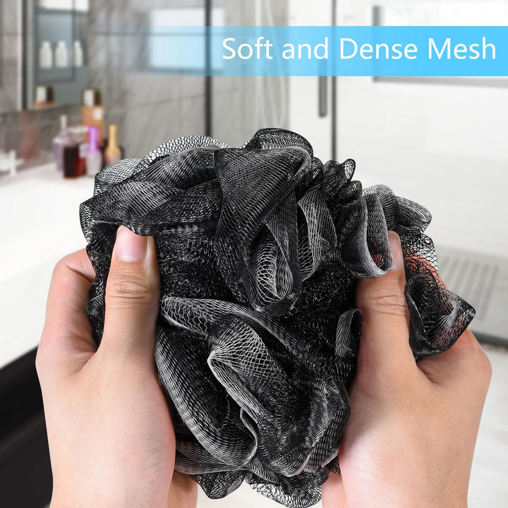 Bath Loofah Sponge, 4 Pack Black 60G Shower Mesh Ball Soft Pouf Body Scrubber, Exfoliate, Cleanse, Soothe Skin, Black Loofah with White Trim