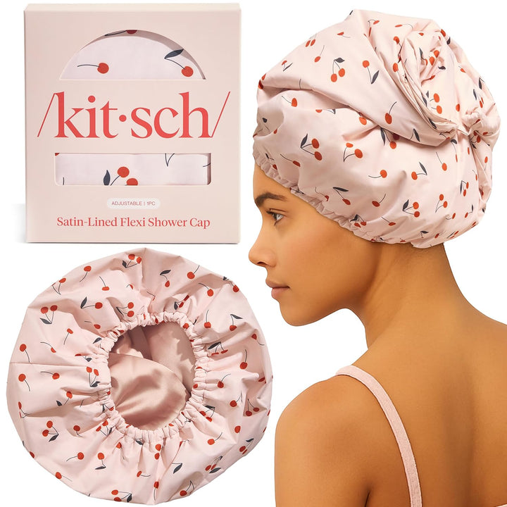 Luxury Shower Caps for Women Reusable Waterproof - Flexi Satin Lined, Large Wide Shower Cap for Women & Men, Adjustable, Stylish Hair Cap for Shower, for Long & Short Hair - Terracotta Checker