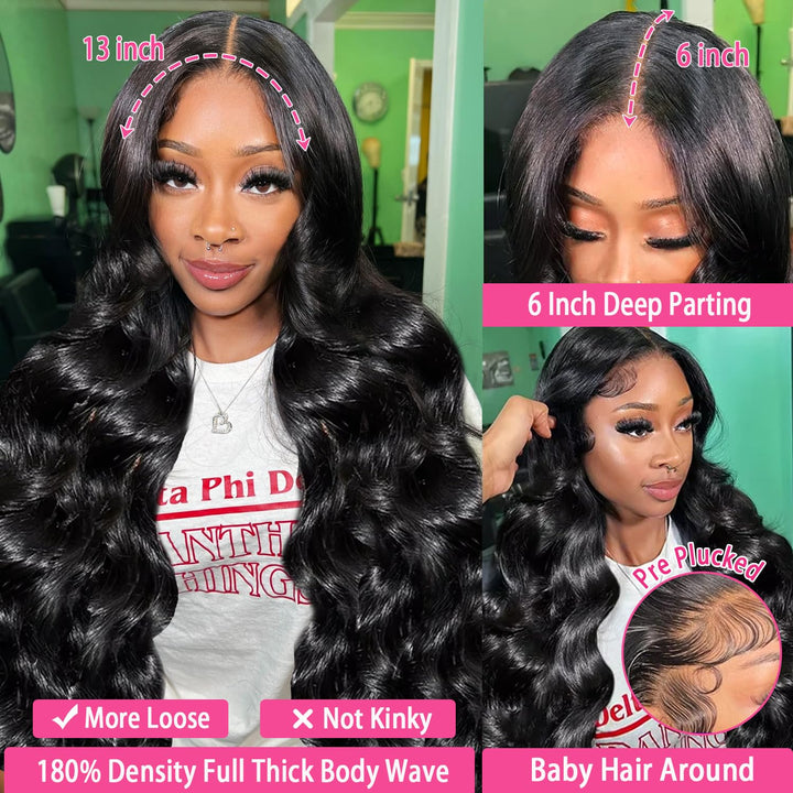 13X6 Body Wave Pre Plucked Human Hair HD Transparent Lace Front Wigs, 180% Density Glueless Lace Frontal Wigs with Baby Hair for Women, 26 Inch
