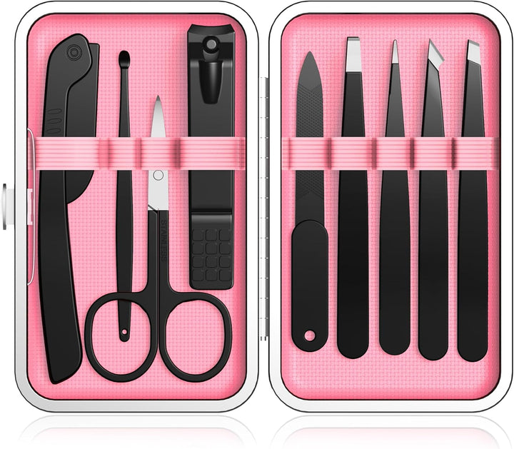 Tweezers Set,9 Pcs Professional Stainless Steel Tweezer Kit-Great Precision Eyebrow Tweezers for Ingrown Facial Hair with Leather Travel Case as Stocking Stuffing Gifts