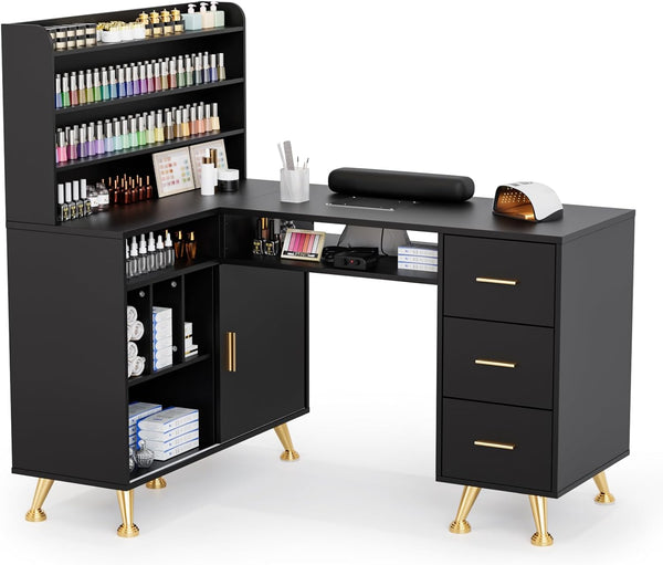 L Shaped Manicure Table with Dust Collector, 52" L Corner Nail Desk for Nail Techs, W/Polish Display Rack Arm Rest, Acetone Resistant Top, Drawer and Cabinet Storage, for Nail Salon (Black)