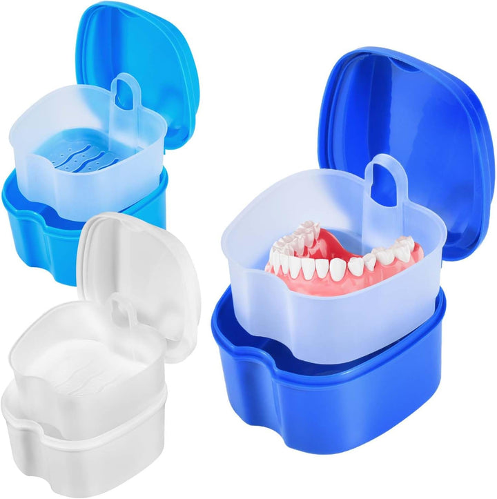 2 Pack Colors Denture Bath Case Cup Box Holder Storage Soak Container with Strainer Basket for Travel Cleaning (Light Blue and Blue)