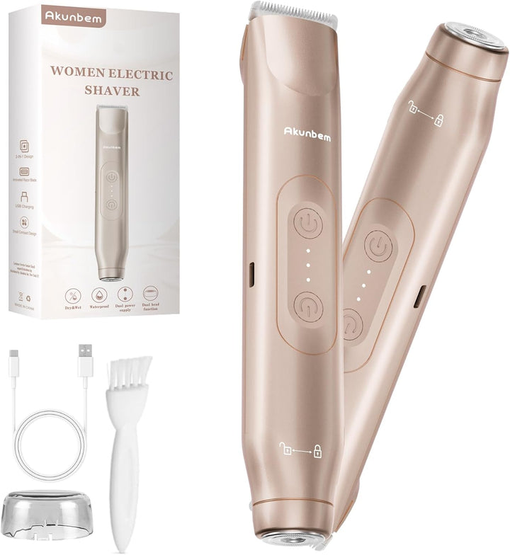 Women Electric Shaver Dual Head Bikini Trimmer for Women IPX7 Waterproof Wet & Dry Use Body Hair Trimmer and Facial Hair Remover for Bikini Underarm Leg Arm Body Face (Pink)