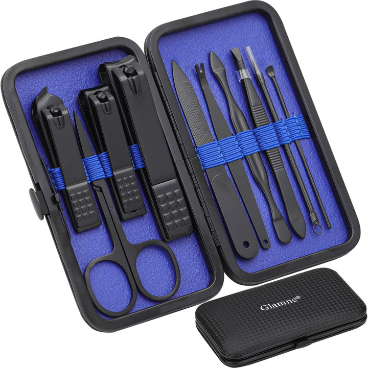 Manicure Set Nail Clippers Kit Professional Stainless Steel Nail Care Tools with Leather Travel Case 10 in 1 Black
