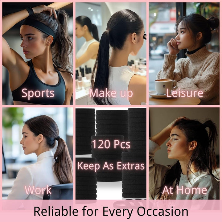 120PCS Black Hair Ties for Thick Hair – Seamless No Damage Elastic Ponytail Holders, Black Hair Band,Bulk Nylon Hair Elastics for Women