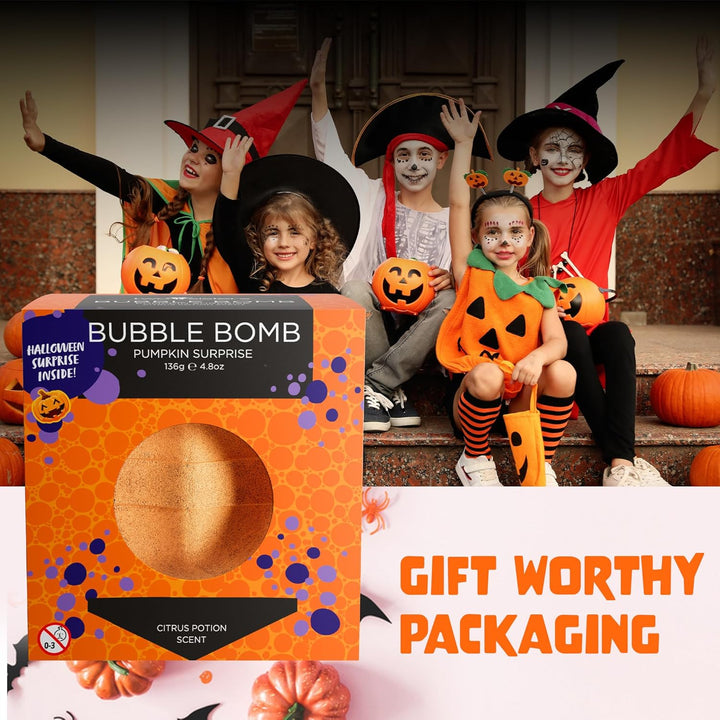 Halloween Bath Bombs for Kids with Surprise Halloween Toys inside - Large Pumpkin Bath Bombs for Kids, Boys & Girls – Spooky Boo Basket Stuffers for Kids - Made in USA Bubble Bomb by