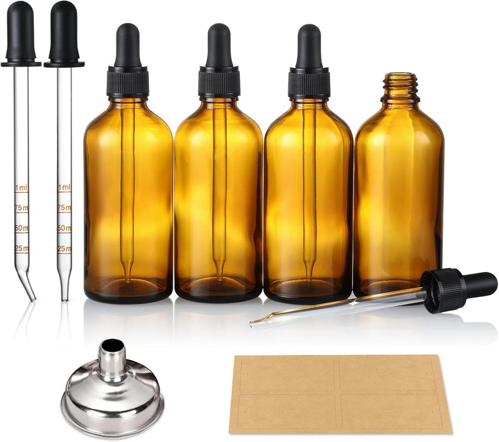 4 Pack, 4 Oz Dropper Bottles with 1 Funnel & 4 Labels - Essential Oils Bottles for Health, Personal Care & Beauty - 120Ml Thick Dark Amber Glass Tincture Bottles with Eye Droppers, Leakproof