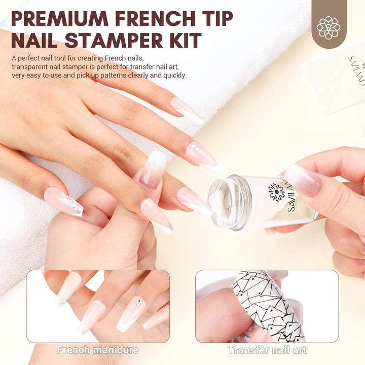 French Tip Stamp: 14PCS French Tip Tool with Replaceable Nail Stamp Head, Clear Silicone Nail Stamper with Scrapers for French Manicure Home DIY Nails Art Salon