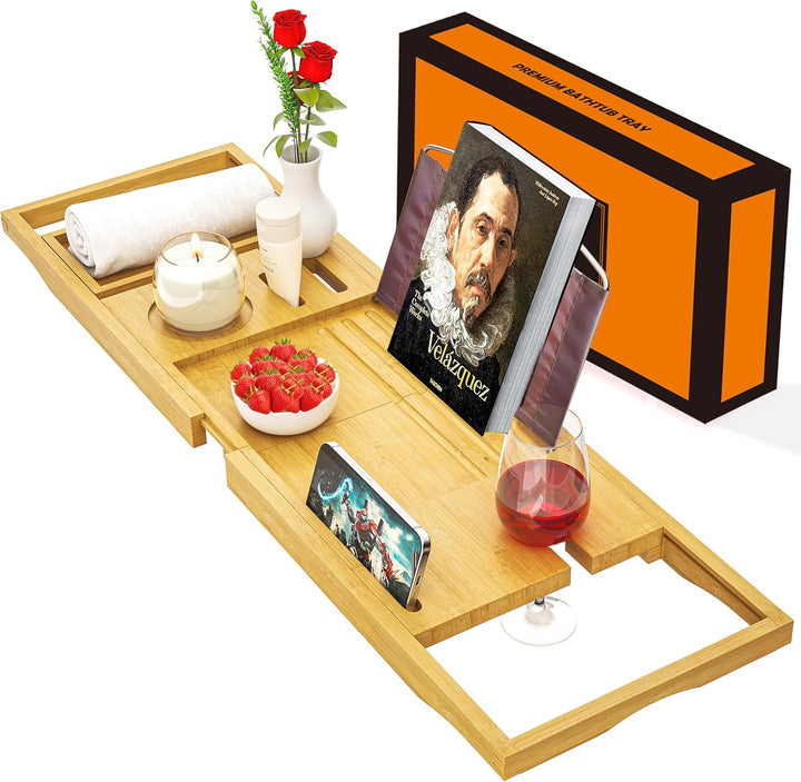 Premium Bamboo Bathtub Tray Caddy - Bath Tub Tray Table for Bathtub - Bath Caddy Tray for Bathtub, Expandable Size, Fits Most Bath Tubs