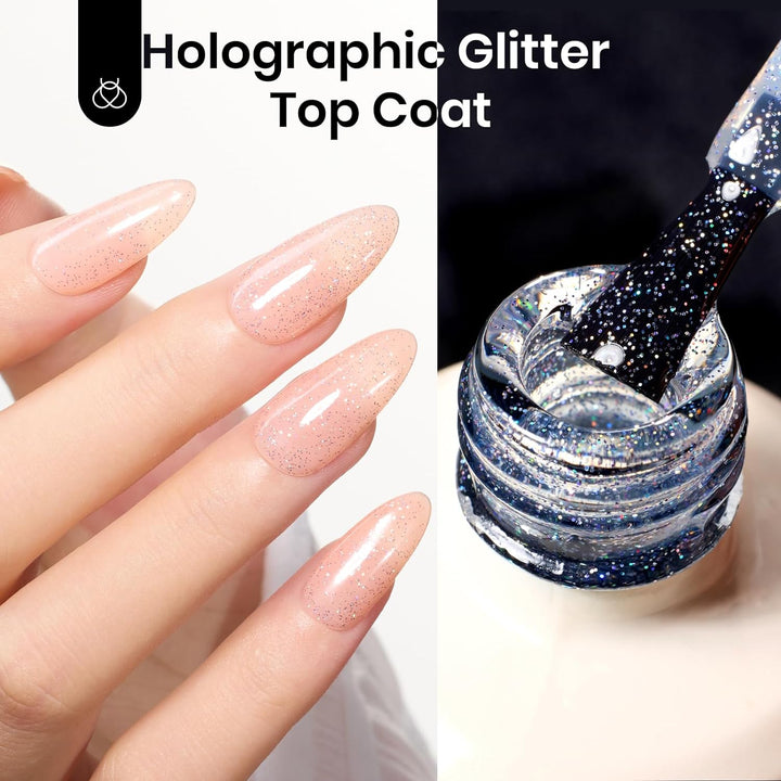 Glitter Top Coat Gel Polish 15Ml Reflective Silver Mix Glitter Shiny Gel Nail Polish No Wipe Uv Gel Top Coat Nail Decoration Nail Art Sparkle Manicure DIY Home Salon