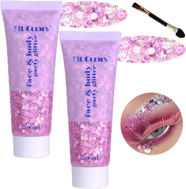 Body Glitter Face Glitter Gel: Singer Concerts Disco Festival Rave Accessories Face Glitter Makeup 150Ml Chunky Sequins Mermaid Face Body Hair Glitter Gel (White&Silver&Pink)