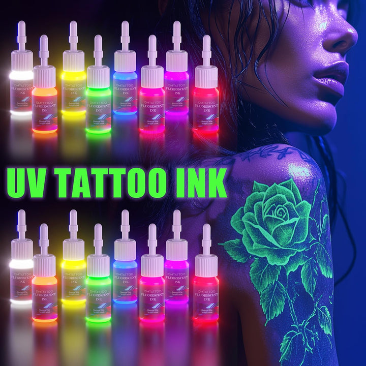8Color Fluorescent Tattoo Ink Set, 8Pcs Tattoo Ink Color Set,Glow in the Blacklight, Skin-Safe Permanent Tattooing for 3D Makeup Beauty Skin Body Art, 0.17Fl Oz 5Ml/Bottle