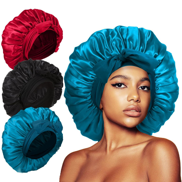 3Pcs Bonnets for Sleeping, Extra Satin Silk Bonnet for Sleeping Women with Tie Band for Curly Hair Jumbo Bonnet Braids