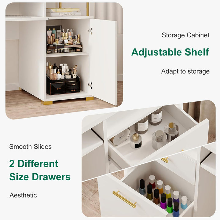 White and Gold Nail Desk for Nail Tech, Manicure Table with 2 Drawers and Cabinet, 55 Inch Nail Table with Movable Shelf, Manicure Table Nail Station