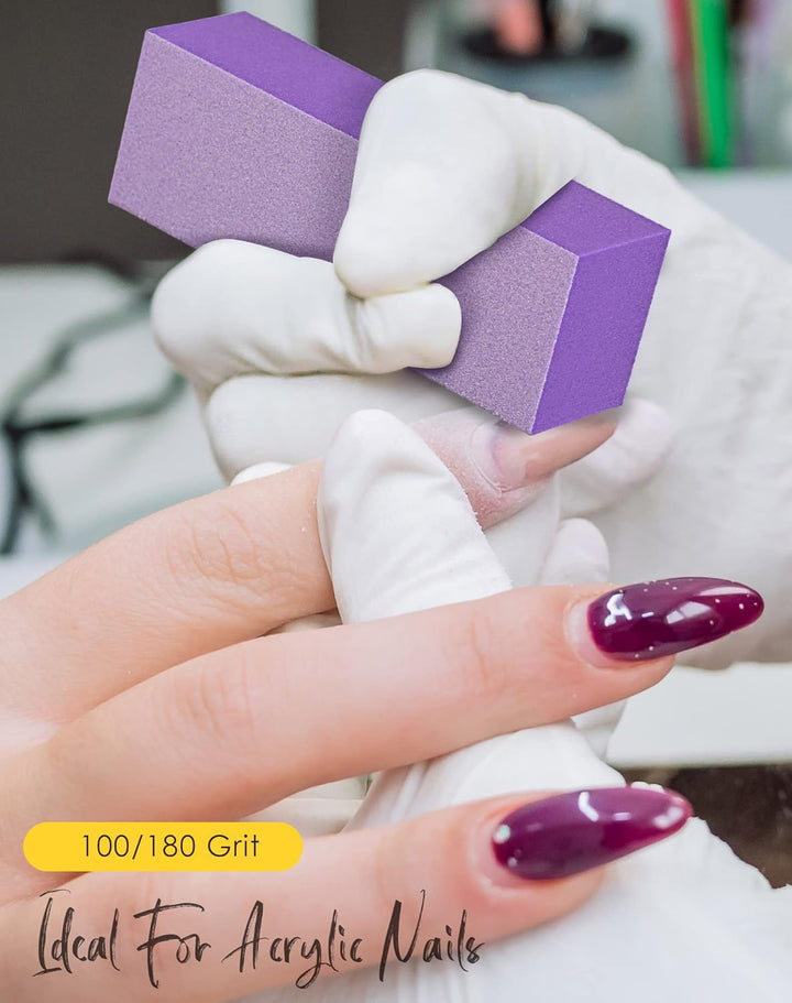 Nail Buffer Block, Medium/Fine Grit 100/180 Finishing Buffers for Acrylic Nails Gel Polish Nails, 3 Way Professional Pedicure Manicure Buffer Kits, 5 Count (Purple)