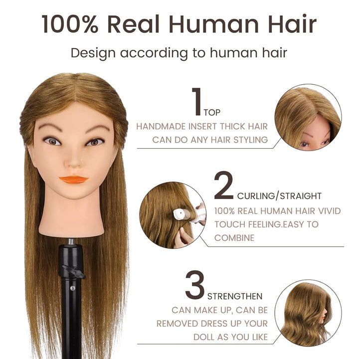 Mannequin Head with 100% Real Hair for Cosmetology,  18" Light Brown Hairdresser Training Head with Clamp Holder and Tool, Doll Head Mannequin Head for Hair Styling Practice