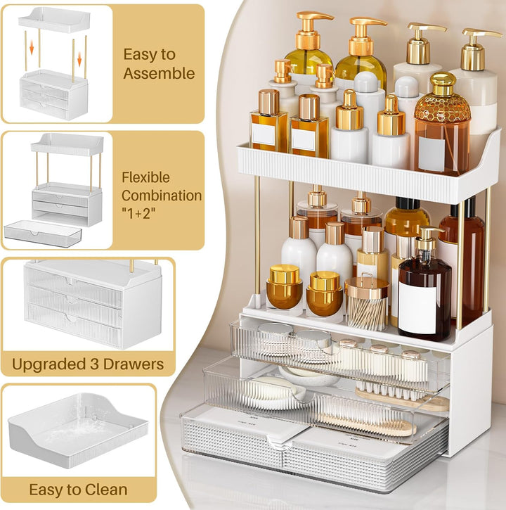 5 Tiers Bathroom Counter Organizer - 3 Drawers Makeup Organizer, Cosmetic Storage Drawer for Dresser Countertop and Bathroom Vanity for Large Skincare, Perfume, Clear