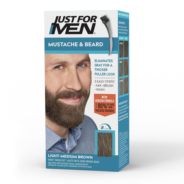 Mustache & Beard, Beard Coloring for Gray Hair with Brush, with Keratin Biotin Aloe and Coconut Oil for Healthy Facial Hair - Medium Brown, M-35, Pack of 1 (Packaging May Vary)