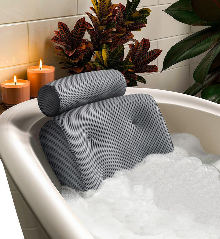 Luxury Bath Pillows for Tub with Head and Neck Support - Non-Slip Bathtub Pillow with Suction Cups, Quick-Drying Mesh & Drying Hook - Jacuzzi & Spa Accessories for Women - Gray