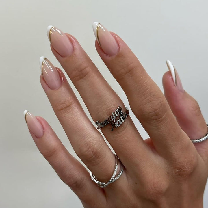 Press on Nails Almond Fake Nails French Tip False Nails with Gold Line Design Glue on Nails Press Ons Medium Acrylic Nails Glossy Full Cover Stick on Nails for Women Manicure 24Pcs