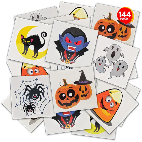 Halloween Temporary Tattoos for Kids - Pack of 144-2 Inch Non-Toxic Tats Stickers for Boys and Girls, Best for Halloween Party Favors, Treats, Décor, Goodie Bags - 6 Assorted Designs