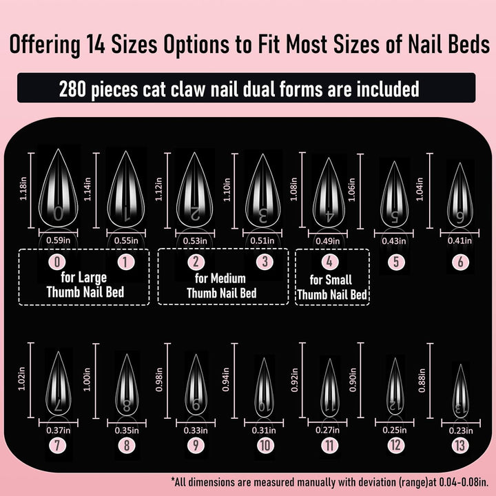 Short Cat Claw Curved Stiletto Nail Dual Forms for Extension, Sculptural Eagle Hawk Acrylic Nails Reusable Full Cover Mold Suitable for Polygel Solid Hard Builder Gel 280Pcs 14 Sizes Q57