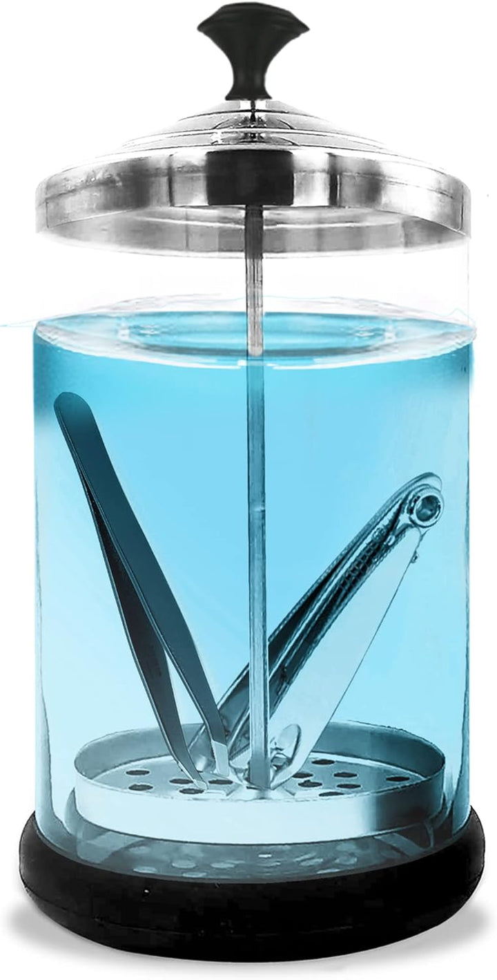 Disinfectant Jar (21 Oz) - Barber Disinfectant Jar Glass, Sanitizer Container W/Stainless Steel Removable Strainer & Cap for Manicure, Salon, Spa and Barber Tools - Black Lid