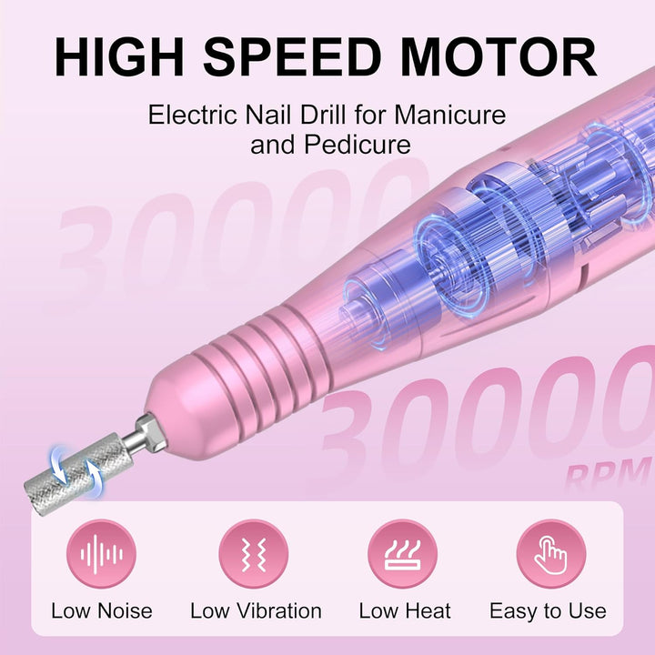 Professional Electric Nail Drill File: Glitter Portable Cordless E-File Nail Drill Kit with 11 Drill Bits,30000 RPM Rechargeable Nail Drills Machine for Acrylic Nails Gel Polishing (Pink)