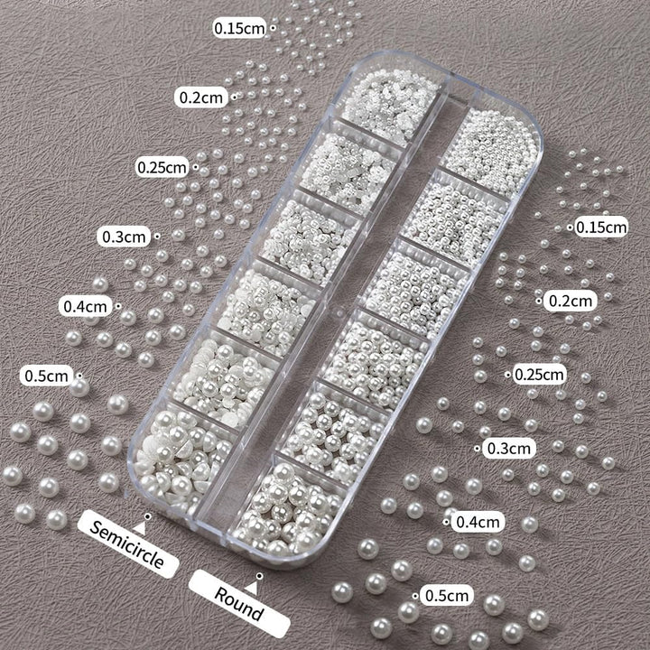 12 Grids Pearl Beads Nail Art Charms Nail Pearls White Pearl Charms for Nails Design Flat Back Pearls for Crafting Manicure Bead Kit Women Nail Beads Fingernail Decorations Cute Beads for Crafts
