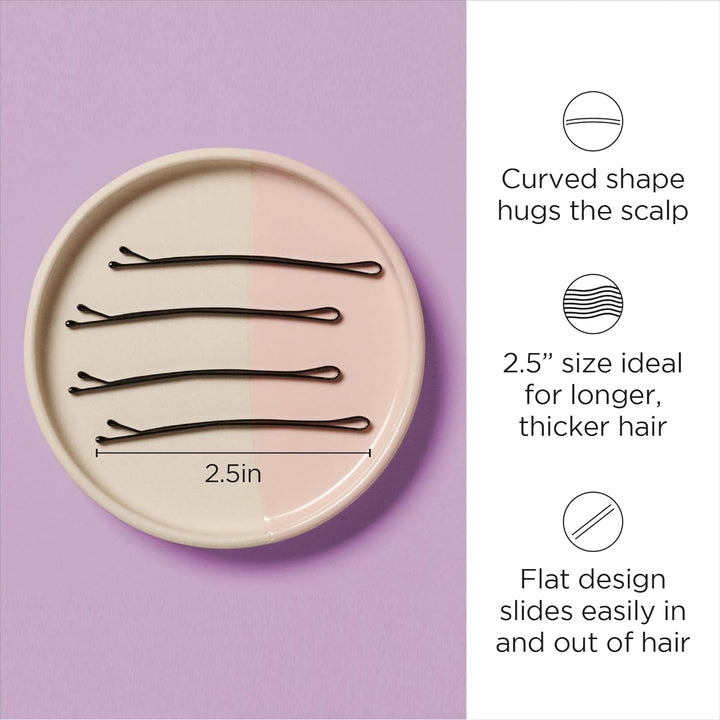 2.5” Curved Black Bobby Pins for Women, Girls, Salon, Hairdressing, Rollers, Long and Thick Hair, Large Flat Hair Pins with Ball Tips for Securing Updos, Flyaways, 40 Count