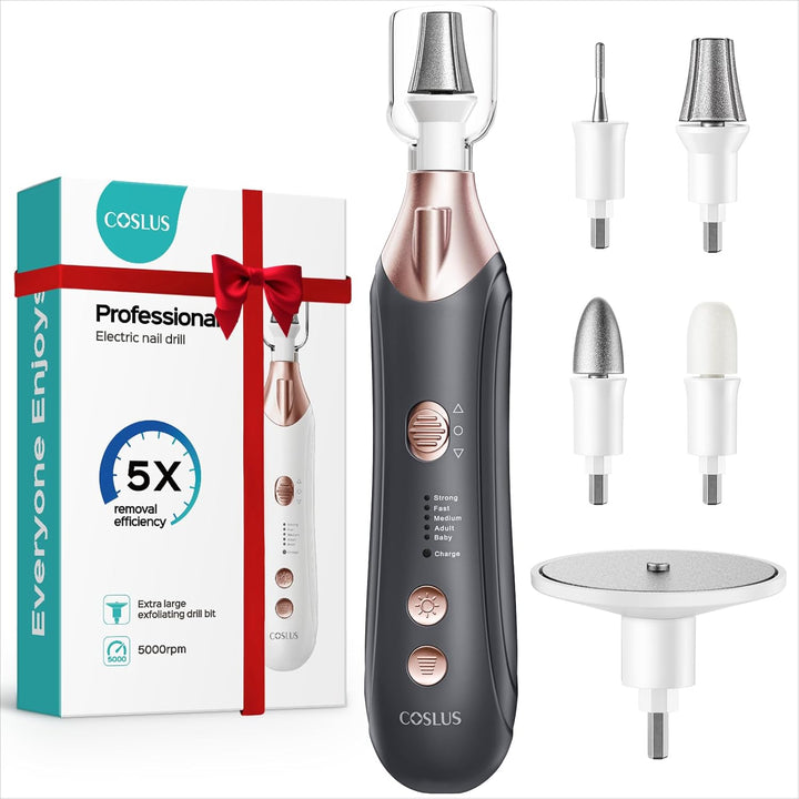 Professional Manicure Pedicure Kit, 5-In-1 Electric Nail File for Toenail Hand Feet Care - Wider Grinder for Thick Nails, Cordless, 5 Speed, for Men Women Seniors Home Salon, White, C43(END10)