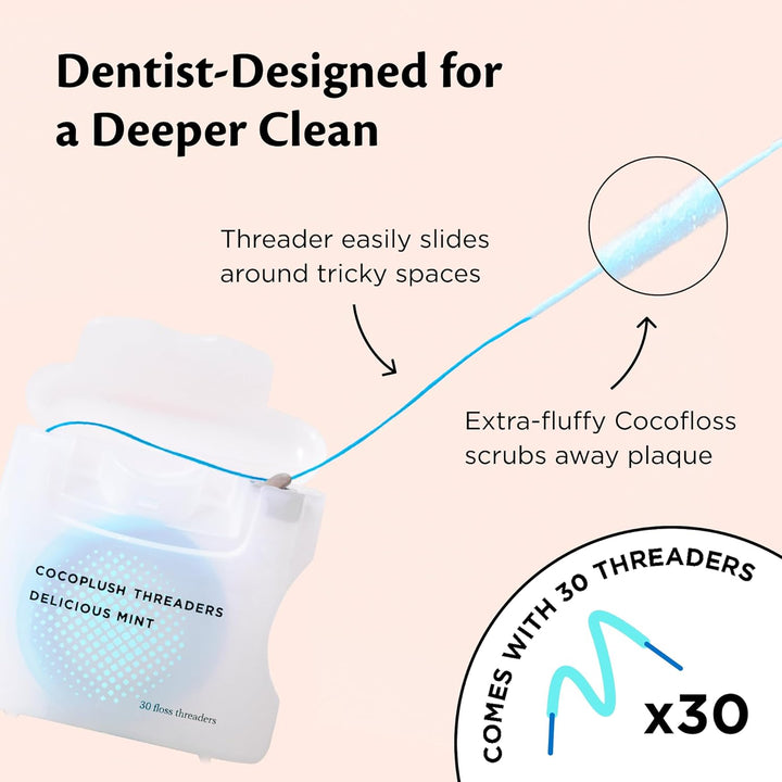 Cocoplush Threaders, Dental Floss for Implants, Bridges, and Braces, Mint, Waxed, Dentist-Designed Oral Care with Coconut Oil, 30 per Pack