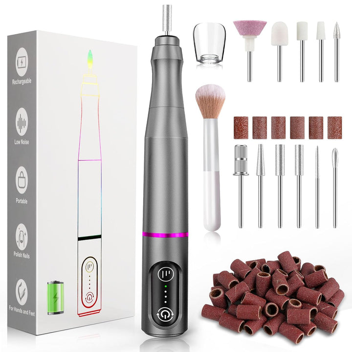 Cordless Nail Drill Electric Nail File Kit Rechargeable Professional Efile Nail Set, Portable Acrylic Gel Nail Polish Remover Machine Pedicure Manicure Tool, 11 Bits 56 Sanding Bands Salon Home