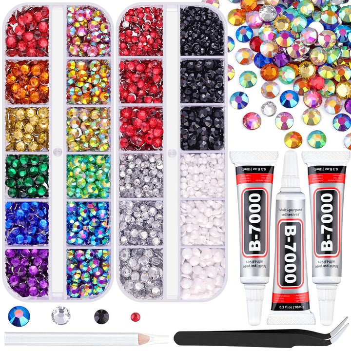 6100Pcs Resin Rhinestones for Crafting with 2Pcs 10Ml B7000 Jewelry Glue, 1 Box Flatback Crystals Diamond (Clear) for Bedazzling Crafts DIY Nail Art Non Hotfix Gems for Clothing Shoes Tumblers