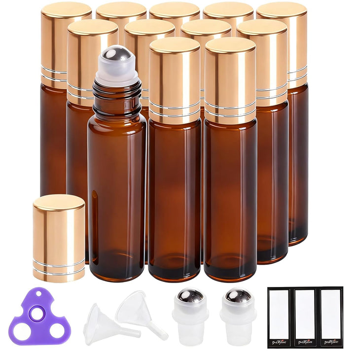 4 Pack, 10 Ml Essential Oil Roller Bottles with Stainless Steel Roller Ball - Refillable Leak-Proof Empty Thick Amber Glass Roll on Bottles with Metal Caps for Travel, Perfume