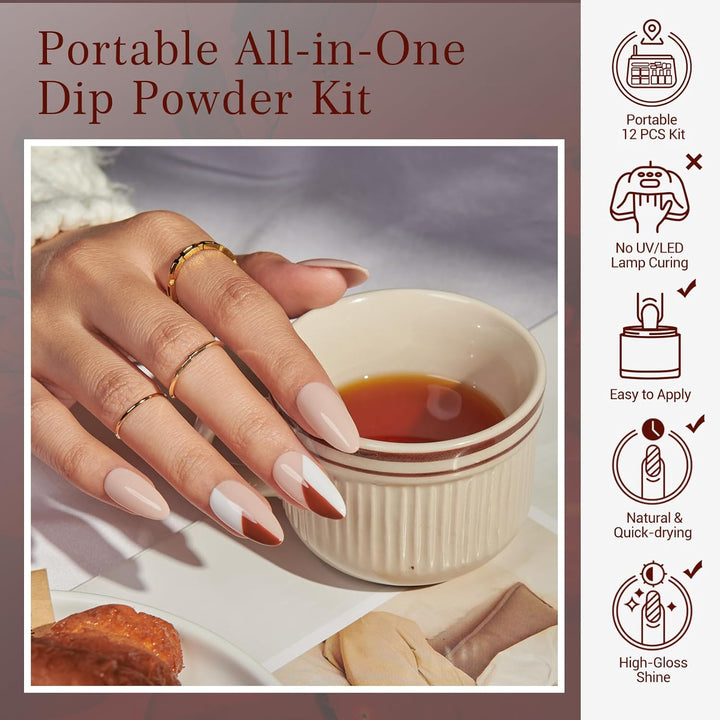 30Pcs Dip Powder Nail Kit Starter, 8 Colors Fall Nude Brown Glitter Purple Nude with Nail Sticks, Nail Art Liquid Set with Matte/Base/Top Coat Activator for French Manicure Salon