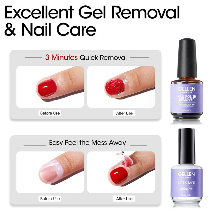 Gel Polish Remover Kit - Gel Nail Polish Remover with Latex Tape Peel off Liquid and Manicure Tools, Quick & Easy Gel Polish Remover in 2-5 Minutes, No Damage to Nails