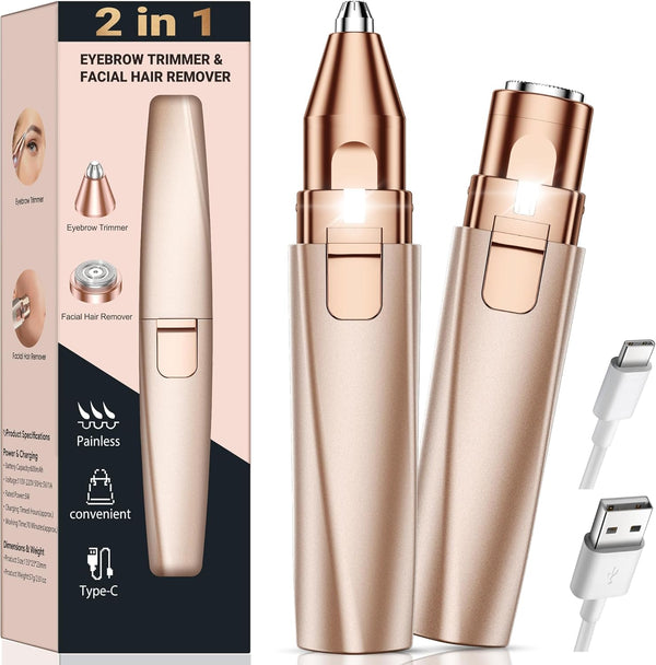 Eyebrow Trimmer Facial Hair Removal for Women: 2 in 1 Rechargeable Face Shaver and Eyebrow Razor - Painless Electric Hair Remover Device for Peach Fuzz Fine Hairs Upper Lip Chin