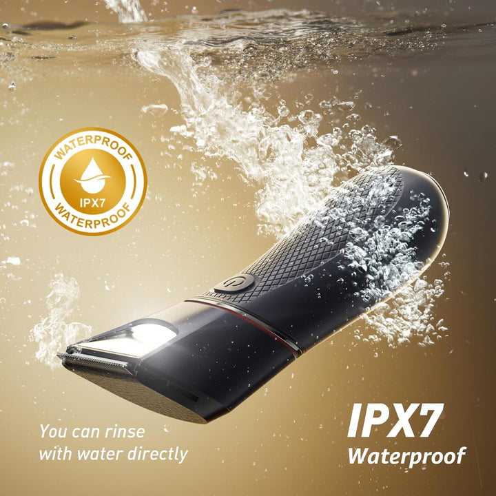 Body Hair Trimmer for Men: Electric Ball Shaver with Mirror & LED Light - Ceramic Blade Pubic Groomer, IPX7 Waterproof for Wet or Dry Use on Groin/Legs/Chest, Features Travel Lock