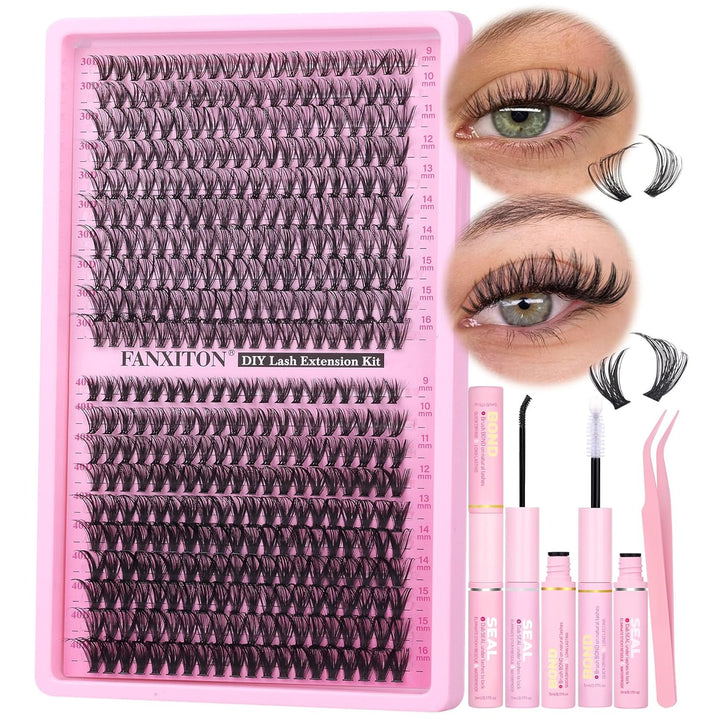 DIY Lash Extension Kit Volume Lash Clusters 40D+50D D Curvature Individual Lashes Lash Clusters Kit Thick Eyelash Extension Kit 280 Pcs Thin Band Cluster Lashes Lash Bond and Seal Tweezers