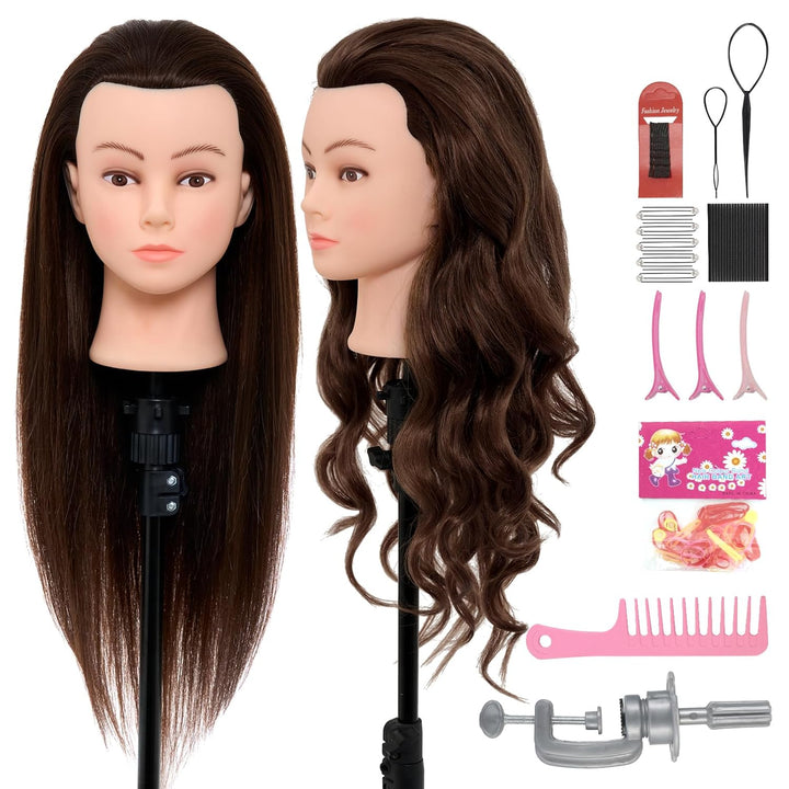 Mannequin Head with 80% Real Human Hair, 28“ Make up Cosmetology Manikin Practice Head with Hair,Braiding Hairdressing Doll Head with Table Clamp + DIY Hair Styling Set Suitable for Hair Extensions