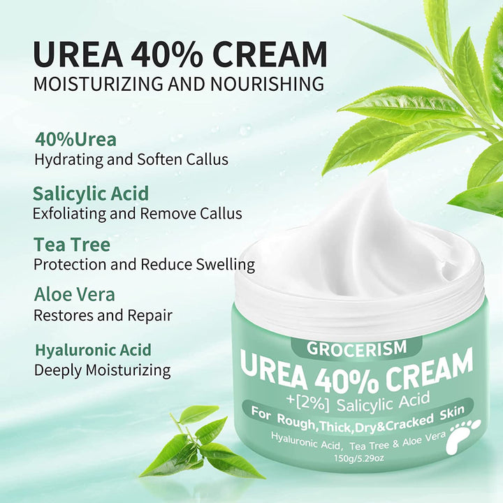 Urea Cream 40 Percent for Feet plus 2% Salicylic Acid 5.29 Oz || Foot Cream and Hand Cream Maximum Strength with Hyaluronic Acid,Tea Tree,And Aloe Vera for Deep Moisturizes,Callus Remover