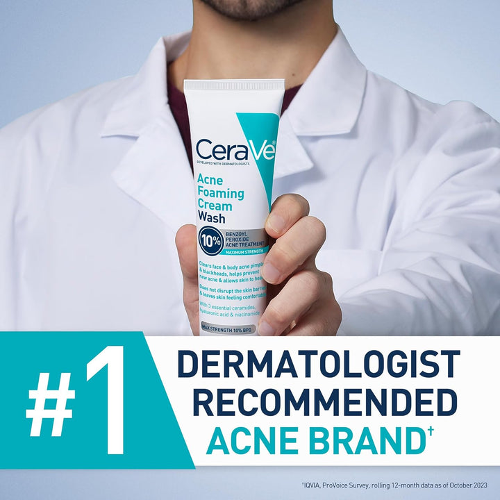 Acne Foaming Cream Wash, Gentle Face and Body Cleanser with Benzoyl Peroxide 10%, Hyaluronic Acid, and Niacinamide, 10% Benzoyl Peroxide Treatment Clears Pimples and Blackheads 5 Oz