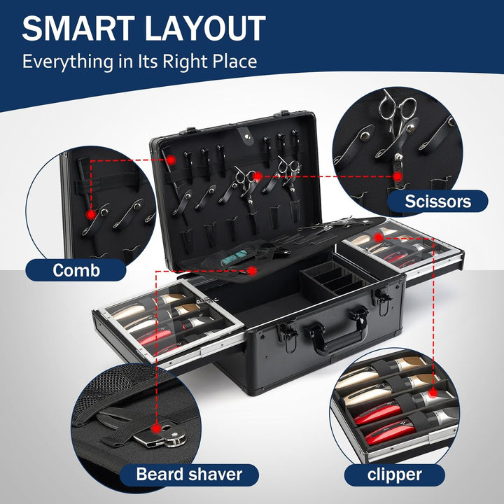 Professional Barber Case with Cap Clear Dustproof, Barber Suitcase 6 Clipper Slots & 8 Shear Holders, 17.13" Portable Aluminum Organizer for Hair Stylists & Pet Groomers